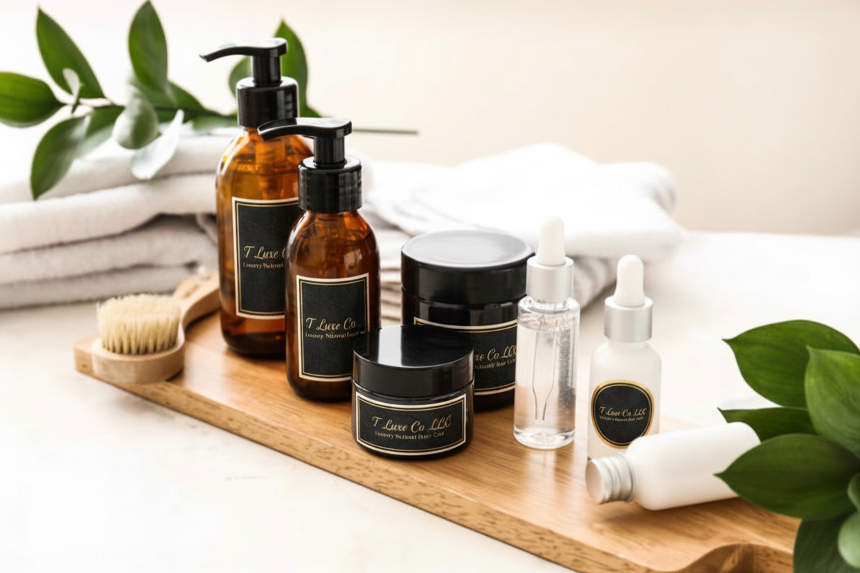 T Luxe Co Product Flatlay with Labels